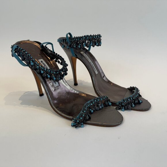 Manolo Blahnik Strappy Sandals with Turquoise Beaded Accents, EU 39.5 - Picture 1 of 16